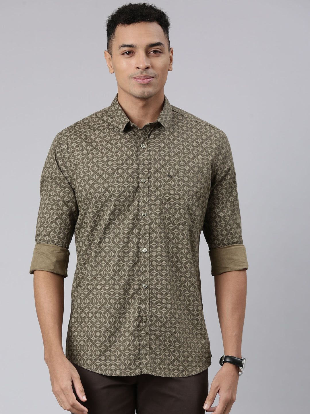 Classic Polo Men's Full Sleeve Olive Polo Neck Cotton Slim Fit Casual Shirt | SP2-CL-55 A-FS-PRT-SF