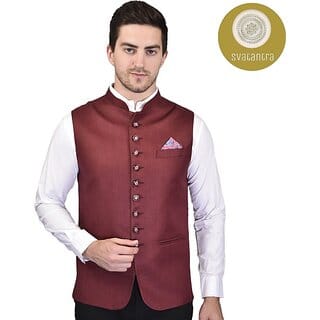 PrintCulture Men Self Design Brown Cotton Blend Nehru Jacket