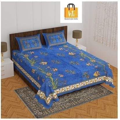 3001-Hometrade India-Standard King Size (90*108 Inches)-Pure Cotton Jaipuri Double Bedsheet With Matching Pillow Cover