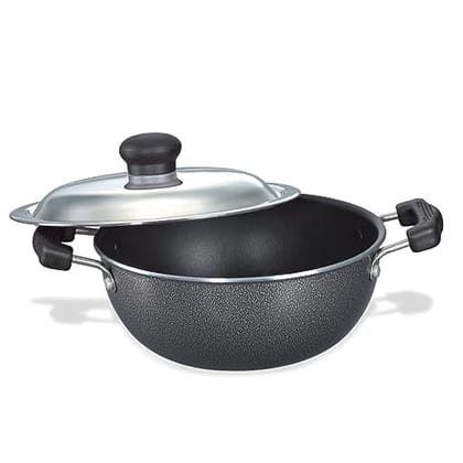 Prestige Omega Select Plus Aluminium Flat Base Non Stick Coating Kadai with SS Lid, 27 Cm (Black)