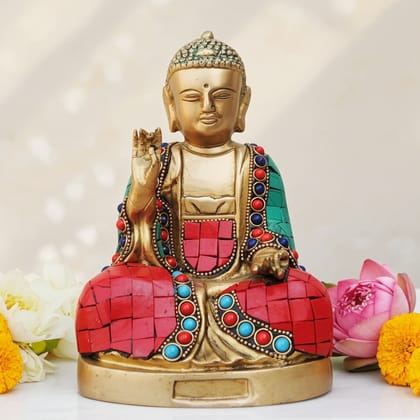 Brass Buddha Stone Statue with Turquoise Coral Finish - Premium Showpiece, Height : 7.2 Inch (BSMAS948 B)