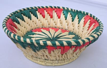 Handwoven Fruit Basket – Natural Bamboo with Red & Green Traditional Design Handwoven Fruit Basket – Natural Bamboo with Red & Green Traditional Design