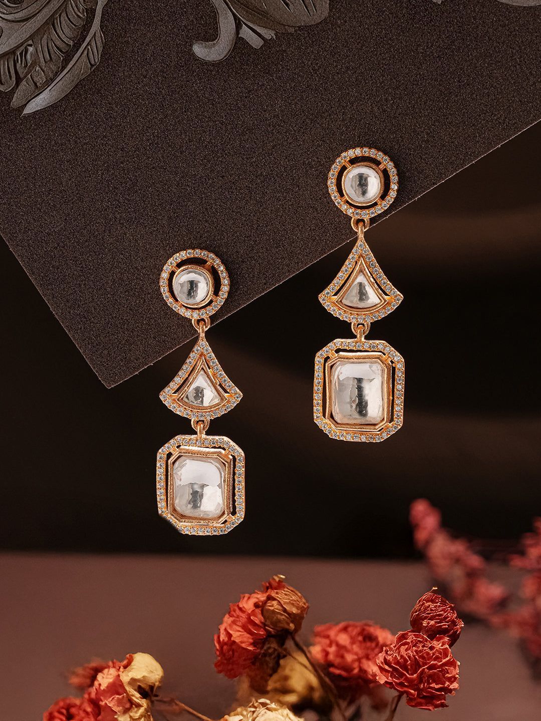 Gold Plated Uncut Polki Mossanite Kundan Studded  Quirky Shaped Dropdown Earrings
