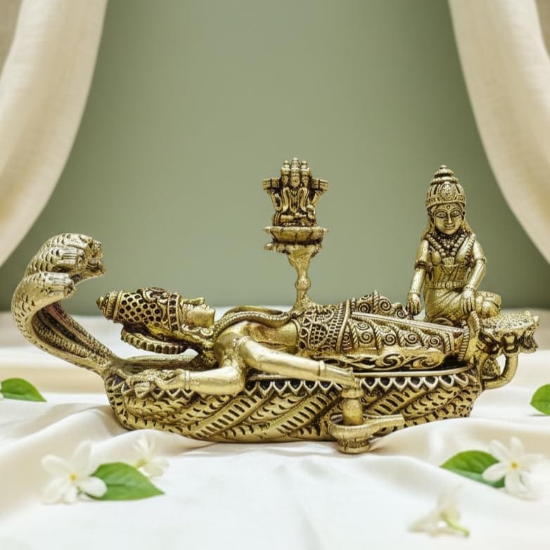 Sukh Sehaj Shree Vishnu Anantashayana Murti | Lord Vishnu Idol | Brass Murti | Handcrafted, Antique Black Finish, 5.2 Inch Length, for Home Temple, Decor, Pooja Ritual and Gifting