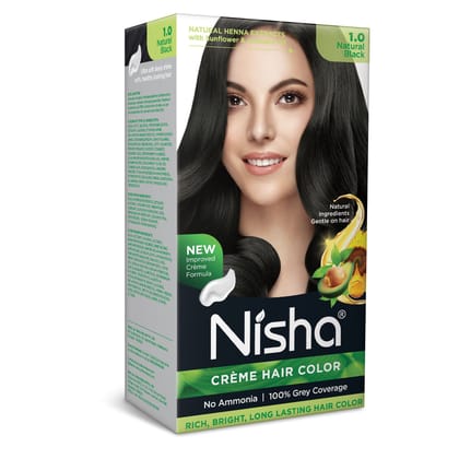 Nisha Creme Hair Color 1.0 Natural Black 120g, Permanent Hair Color for Women & Men, Ammonia Free Hair Colour