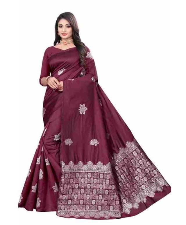 Women's Soft Lichi Silk Printed Saree With Unstitched Blouse 5.5Mtr (Wine)-PID63571
