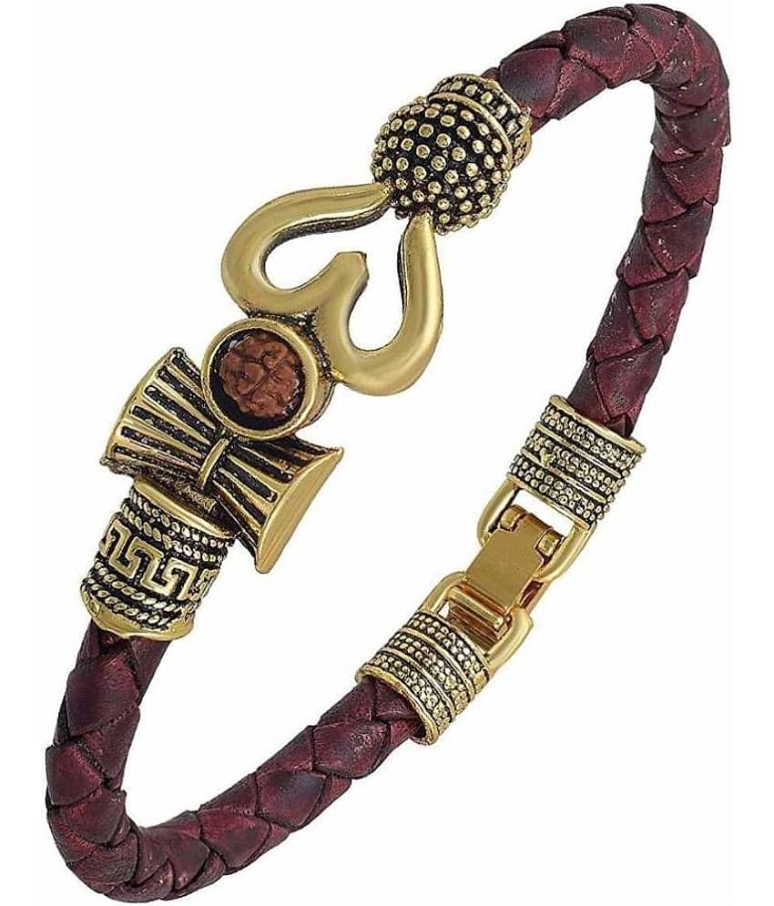 Rudraksha OM Trishul Damroo Designer Oxidized Gold Bahubali Leather Kada Bracelet for