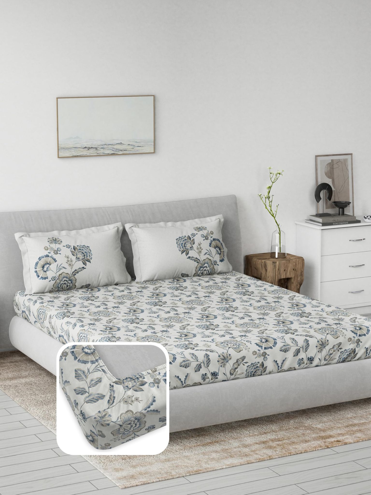 DDECOR - Primary Collection 100% Cotton Floral Pattern 145TC King Fitted Sheet|180 CM X 198 CM| - Grey