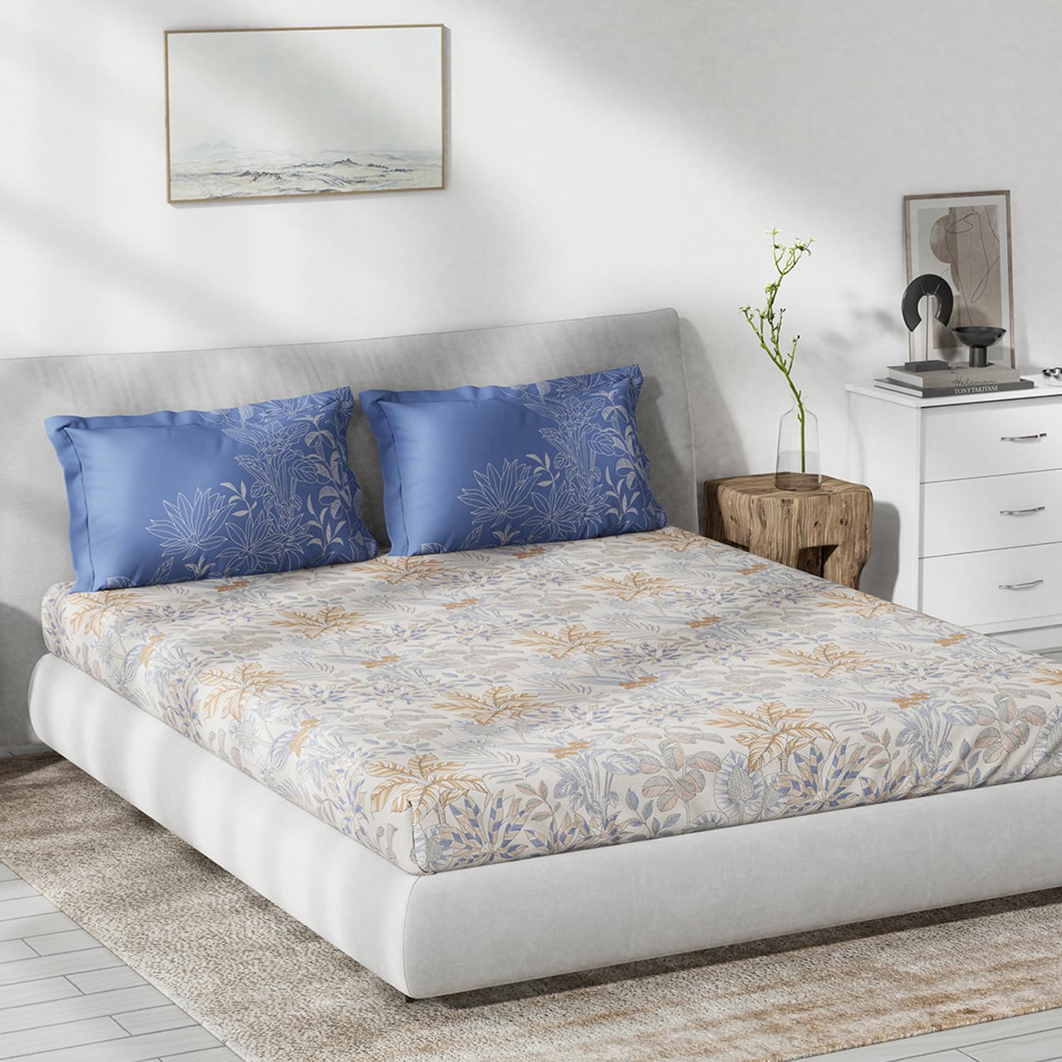 DDECOR - Primary Collection 100% Cotton Leaves Pattern 136TC King Fitted Sheet|180 CM X 198 CM| - Blue