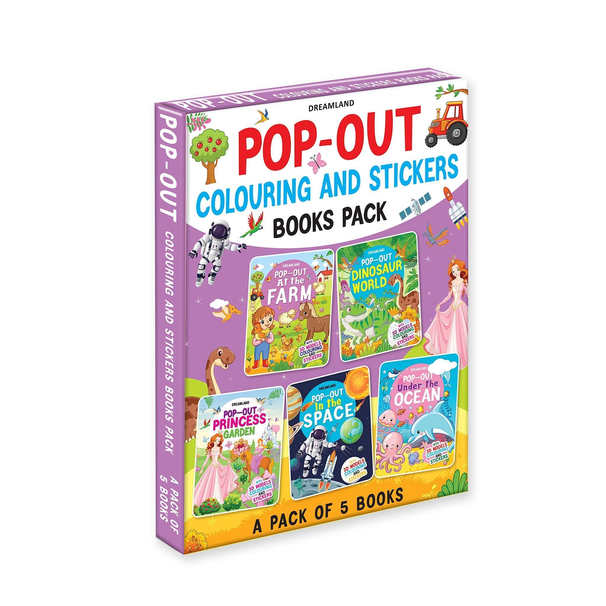 Pop- Out Books Pack- A Set of 5 Books| With Themes- At the Farm, Dinosaur World, Princess Garden, In the Space and Under the Ocean Dreamland Publications
