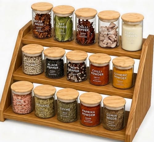 Yookeer Rustic Wood Spice Rack Shelf, kitchen organizer rack, kitchen rack stand, Kitchen Counter Organiser,