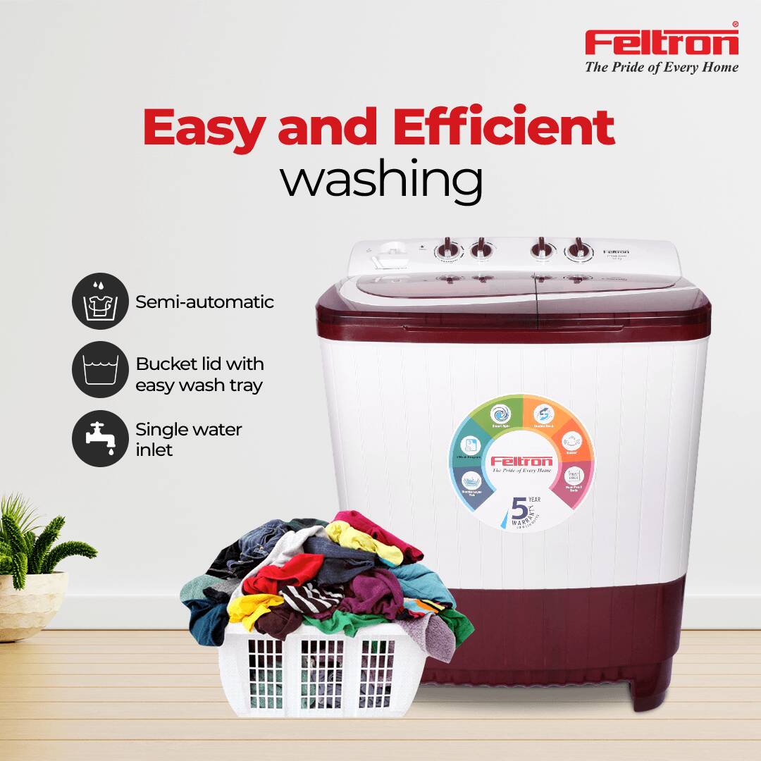 Feltron 8.5 Kg Semi Automatic Top Load Washing Machine White, Maroon Plastic Lid