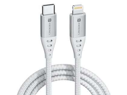 Portronics Konnect L1 20W Type C to 8 Pin Quick Charging Cable with Nylon Braided, Metal Heads, 1 m Length - White