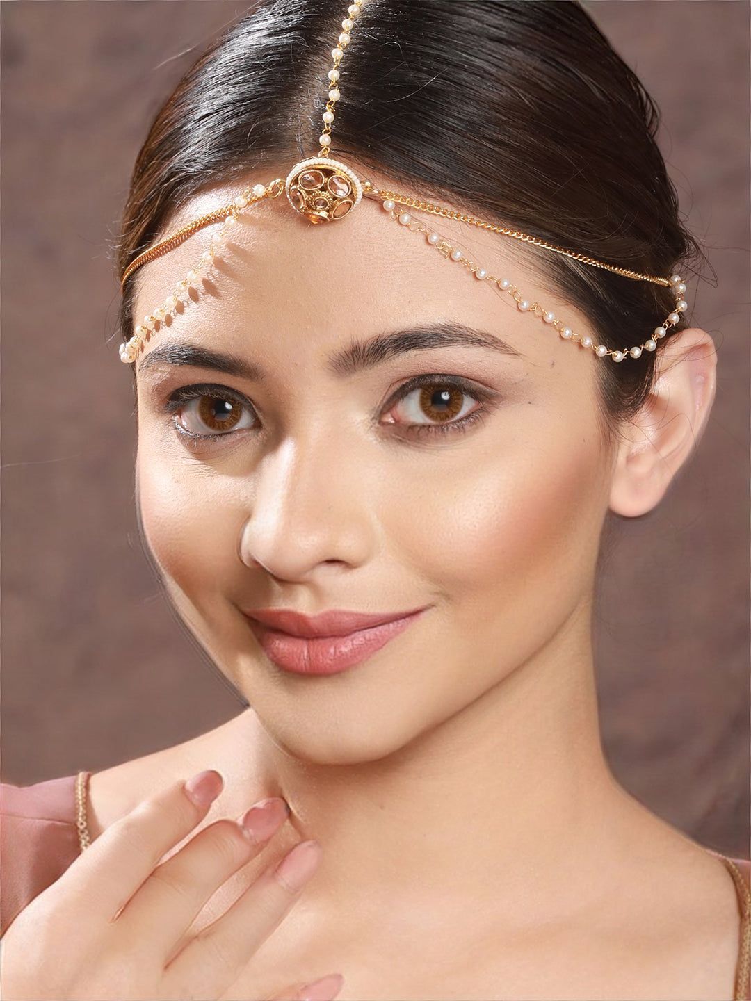 Gold Plated White Kundan Studded Pearl Beaded Borla Mathapatti