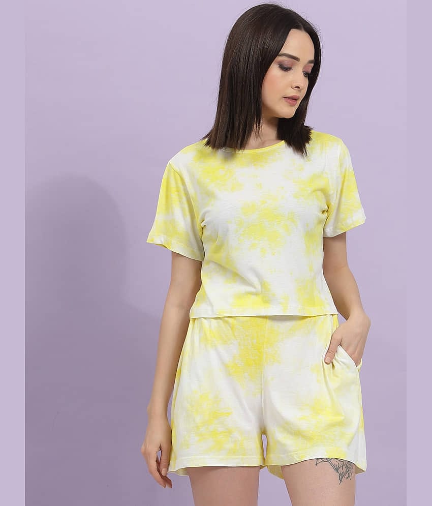 Rigo Women Dyed Top With Shorts Co-Ord Set ( Yellow )
