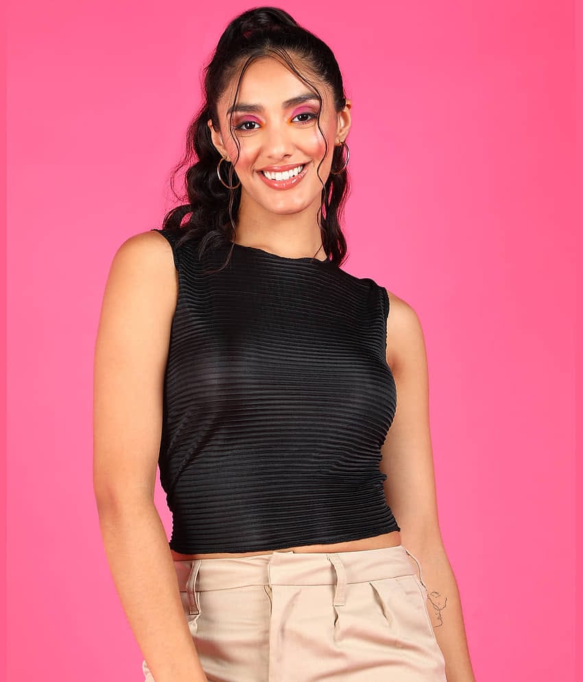 POPWINGS Women's Polyester Crop Top ( Black )