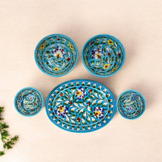 Handcrafted Jaipur Blue Pottery Oval Plate & Bowl Set - Floral  Serveware for Dining & Gifting