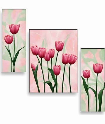 Livin'luxe Pink Tulip Flower Wall Art – 3 Panel Botanical Painting with Soft Pastel Background for Bedroom, Living Room & Nature Décor 12 Inch x 20 Inch