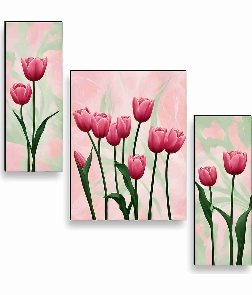 Livin'luxe Pink Tulip Flower Wall Art – 3 Panel Botanical Painting with Soft Pastel Background for Bedroom, Living Room & Nature Décor 12 Inch x 20 Inch