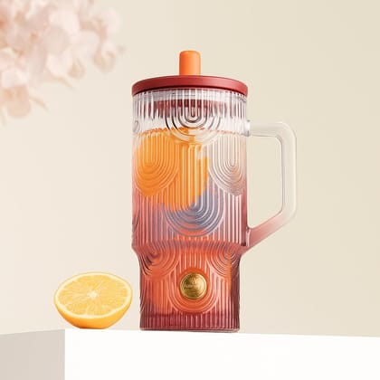 Glass Sipper with Lid and Straw | 650 ML | Unique and Morden Design Leakproof Tumbler with colorful textured body and handle |Travel Mug for Juise, Smoothies Cold and Hot Drinking Cups | set of 1