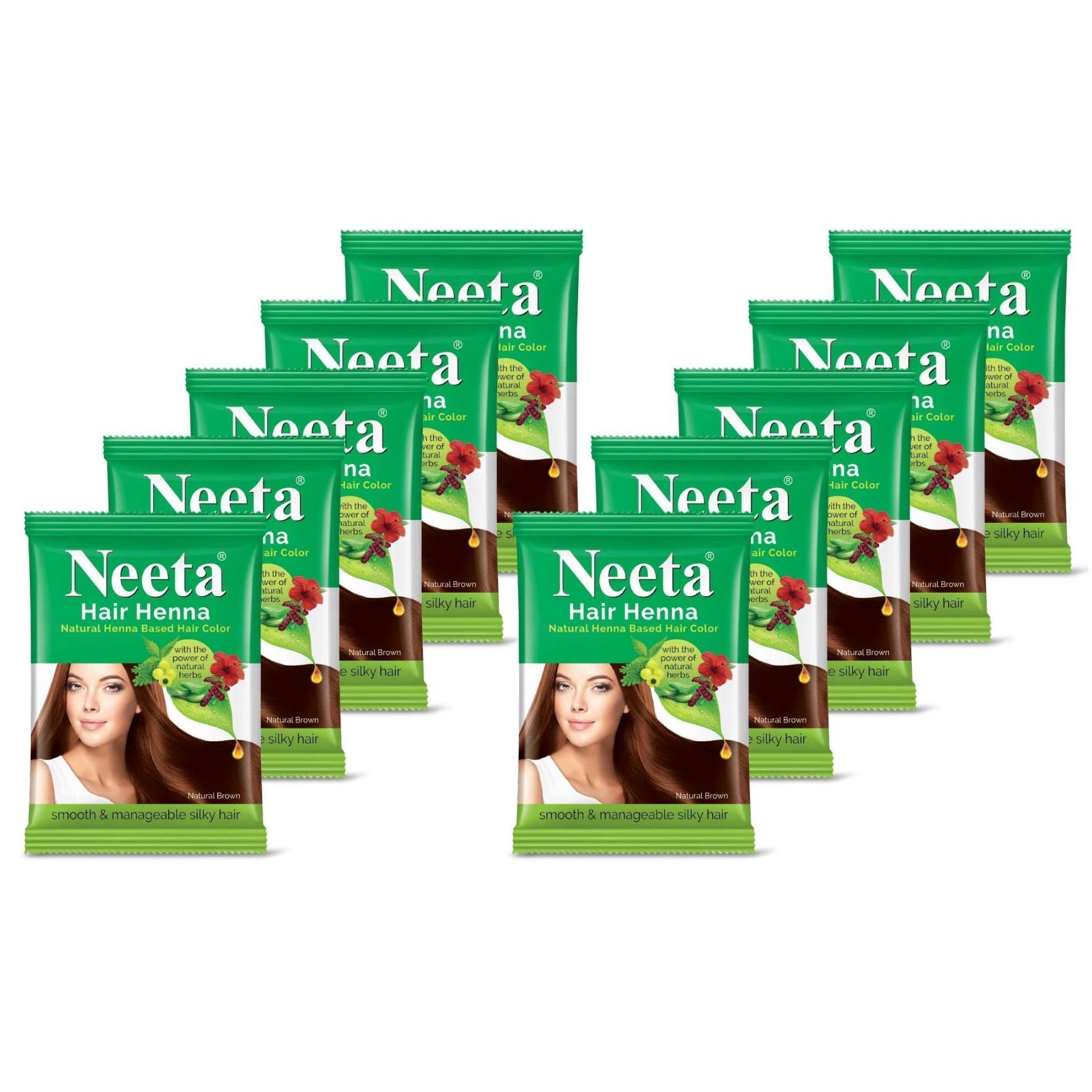 Neeta Hair Henna Powder Hair Color with 5 Herbs Natural Brown 15gm Pack of 10, Ammonia Free Hair Colour for Women & Men