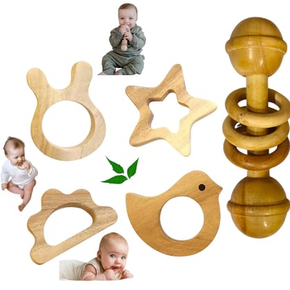 Natural Neem Wood Baby Teething Toys Set, 5 Pieces, Star Bird Cloud and Cat Shapes with Rattle Toys