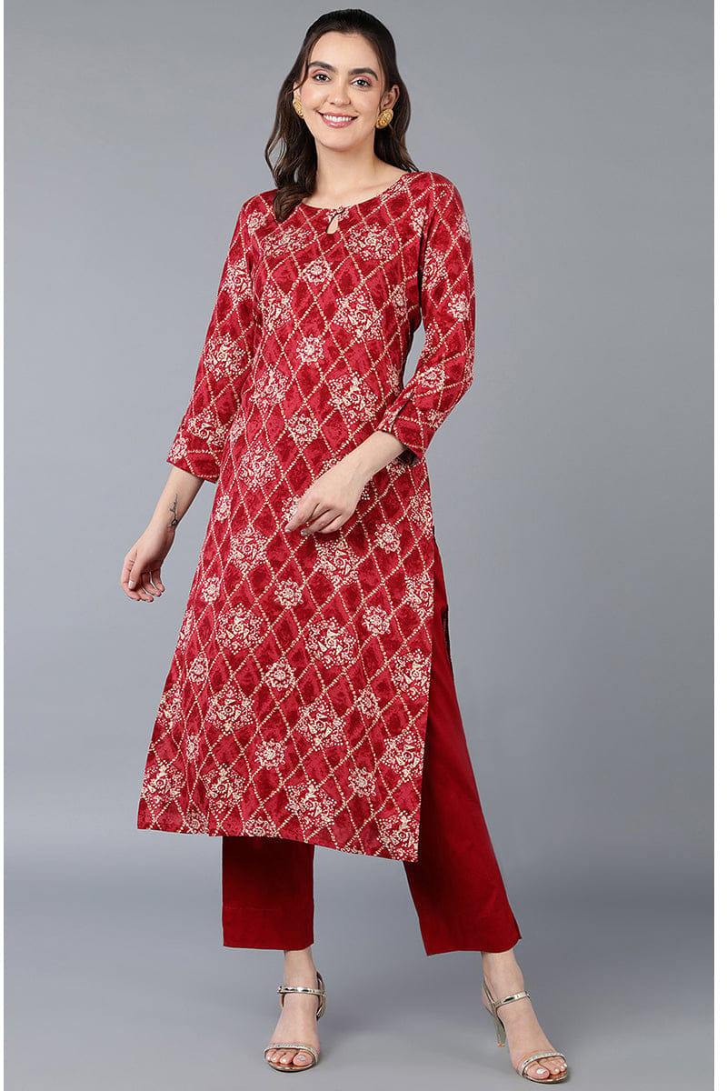 Maroon Viscose Rayon Printed Straight Kurta VCK9355