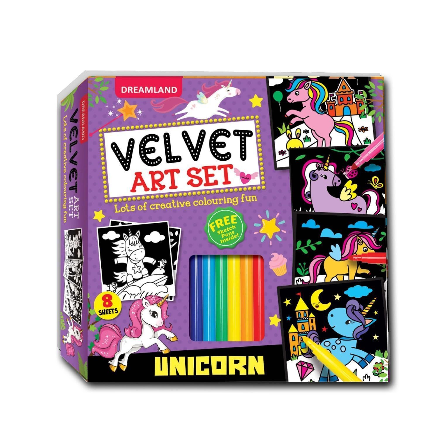 Unicorn - Velvet Art Set with 10 Free Sketch Pens : Children Colouring Activity Pack Box Set