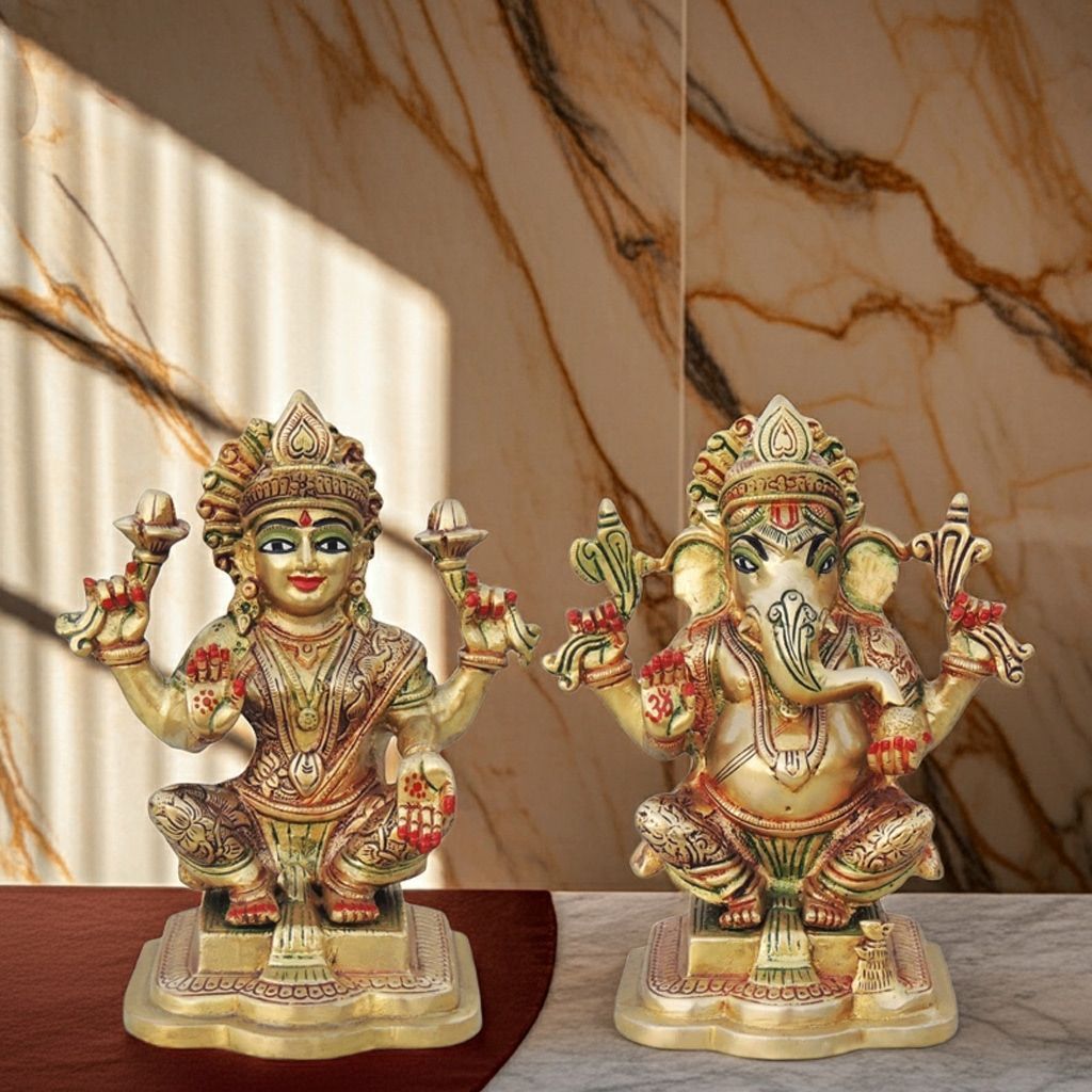 Brass Laxmi Ganesh Pair Showpiece | Religious Diwali Gift Idol, Height : 7.5 Inch (BSMAS1063)