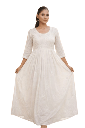 Mrs Right White Hand Chikankari Embroidered Ankle Length Dobby Cotton Gown for Women | Lucknowi Thread Work Ethnic Dress Mrs Right White Hand Chikankari Embroidered Ankle Length Dobby Cotton Gown for Women | Lucknowi Thread Work Ethnic Dress