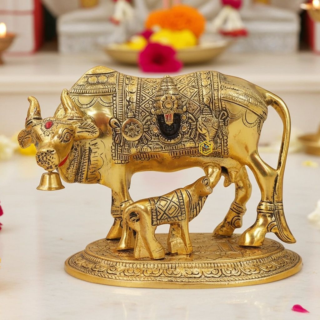 Aluminium Cow Idol � Polished Finish Decorative Piece, Height : 6 Inch (ASMAS477 G)