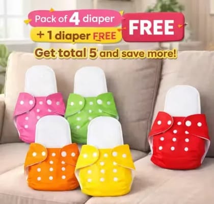 Pack of 4 Diapers + 1 Diaper FREE (4+1 = Total 5 Diapers) | Insert Included in All | Ultra Soft, Leak-Proof & Skin Friendly