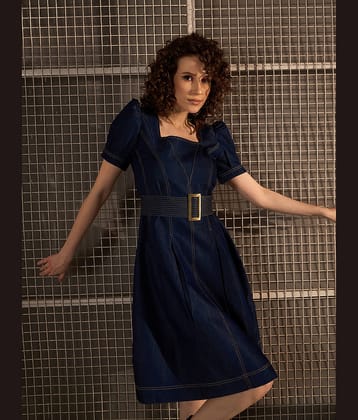 StyleStone Women Denim Solid A-line Dress ( Navy Blue )