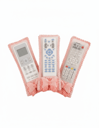 Chic Pink Crochet Remote Control Cover with Bow Accents - Dustproof & Decorative