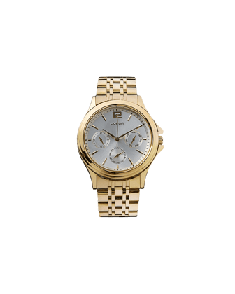 Qorum Verve Men’s Multi-function Watch – Silver Dial, Gold Plated Stainless Steel Strap