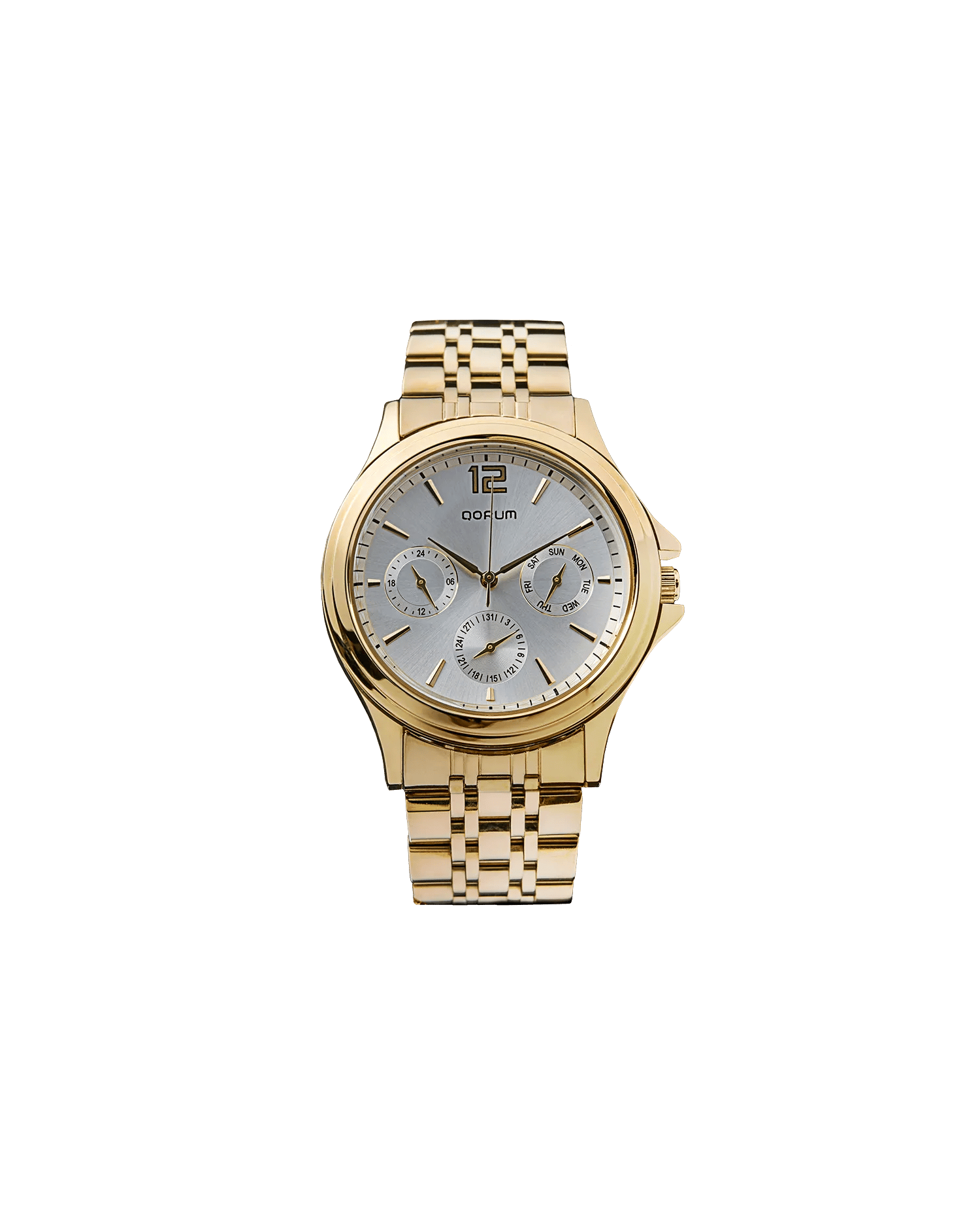 Qorum Verve Men’s Multi-function Watch – Silver Dial, Gold Plated Stainless Steel Strap