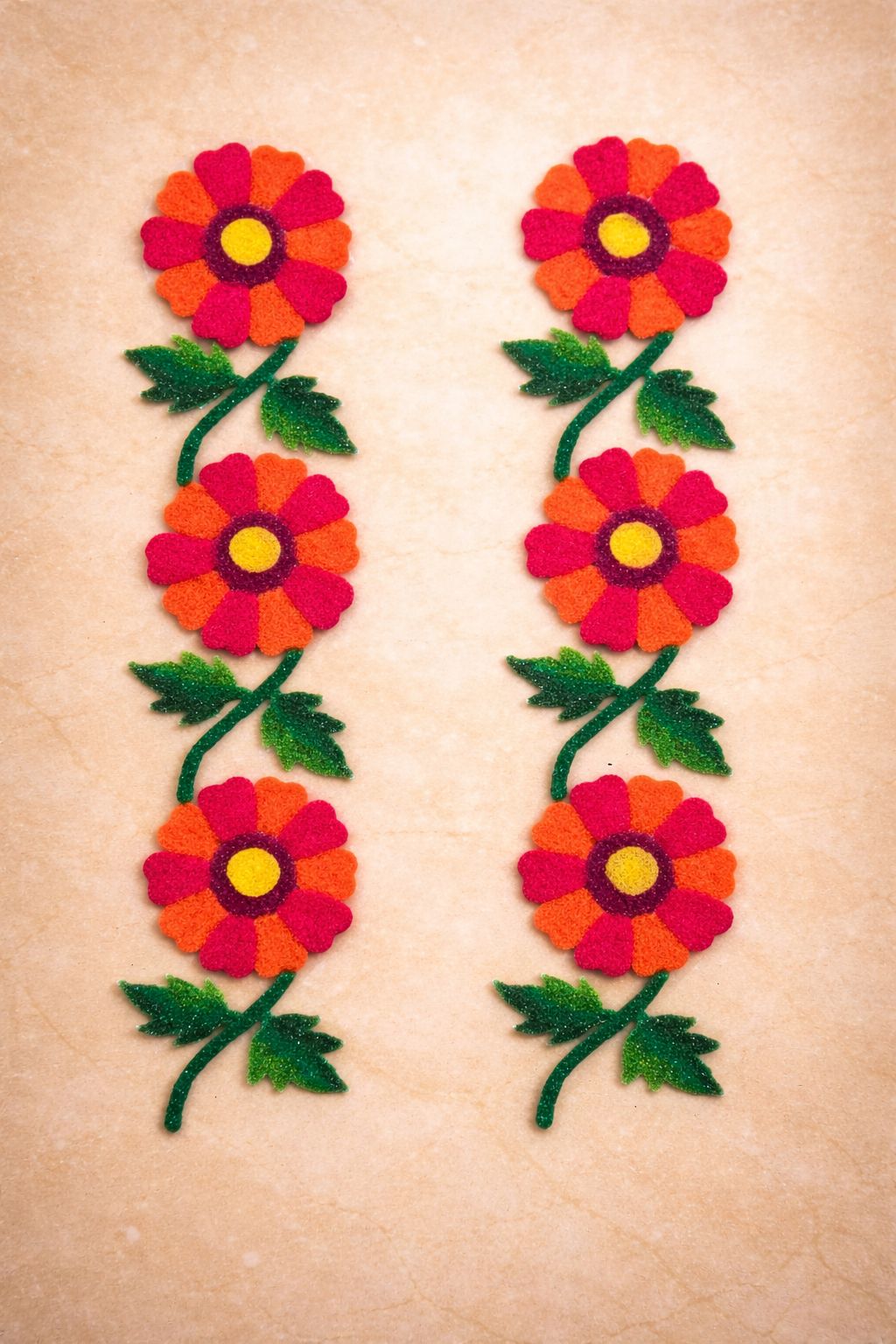 Madhura’s Creations Red & Orange Flower Patti Rangoli | Pack of 2 | Real Rangoli Colours | On Plastic Sheet | Reusable Festive & Pooja Decor