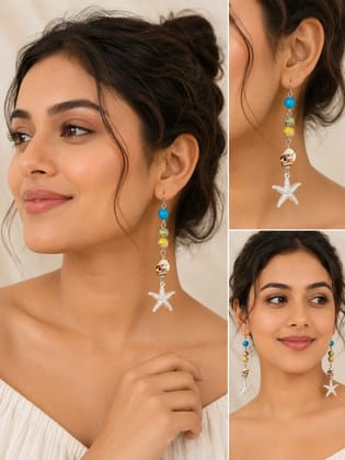 Kaantiva Women Silver-Plated Coastal Beach Dangle Earrings with Starfish, Seashell & Multi-Color Beads