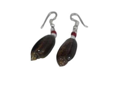 Handmade Natural Wood Dangle Earrings with Red and White Beads, Silver Hooks, Brown Oval Design Handmade Natural Wood Dangle Earrings with Red and White Beads, Silver Hooks, Brown Oval Design
