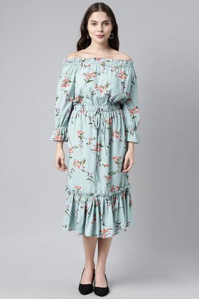 Blue Crepe Floral Print Off-Shoulder Midi Dress VD1079