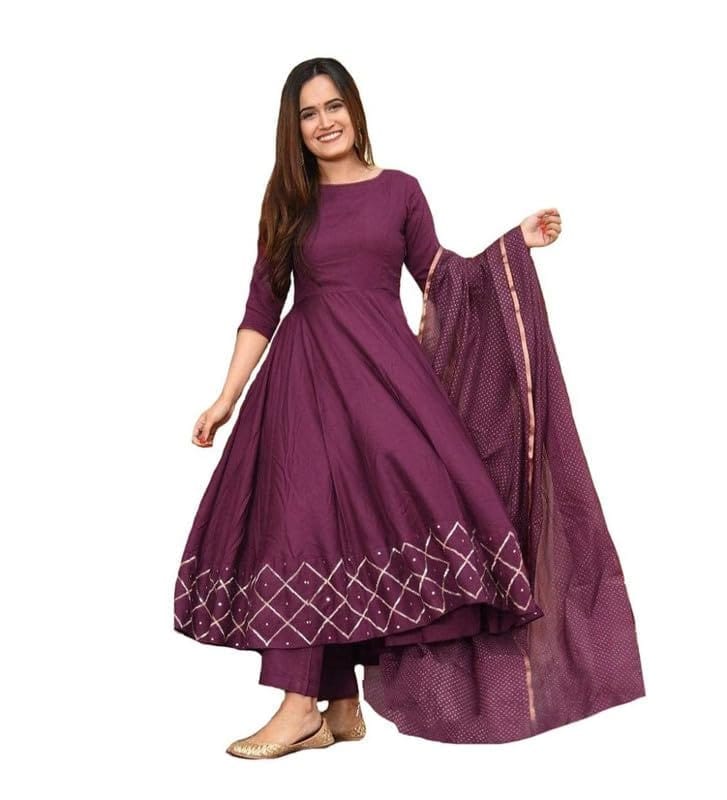 Women's Casual 3/4th Sleeve Solid Cotton Kurti Set (Wine, M)-PID46871