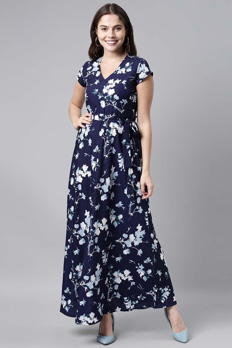 Navy Blue Georgette  Floral Print Maxi Dress VD1032