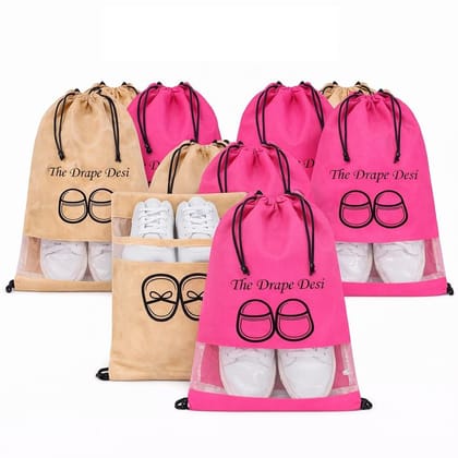 The Drape Desi Transparent Shoe Bag for Travel & Storage | Shoe Cover Pouch for Men & Women | 4 Rose Pink & 4 Brown Bag Pack of 8 pcs