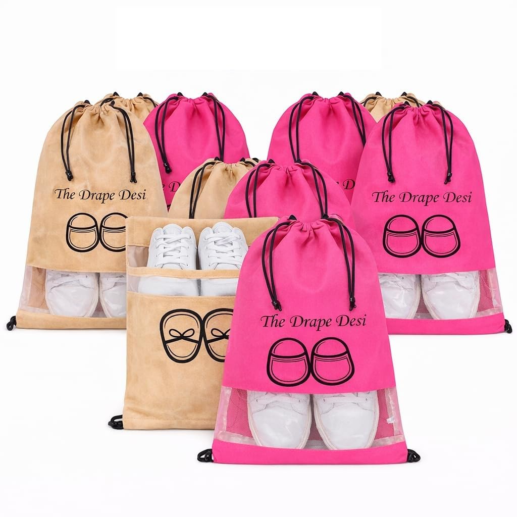 The Drape Desi Transparent Shoe Bag for Travel & Storage | Shoe Cover Pouch for Men & Women | 4 Rose Pink & 4 Brown Bag Pack of 8 pcs
