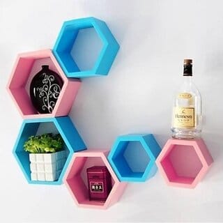 Onlinecraft Ch577 Wooden Wall Shelf 6 Hexon ( Pink, Blue) Wooden Wall Shelf (Number Of Shelves - 6, Pink, Blue)