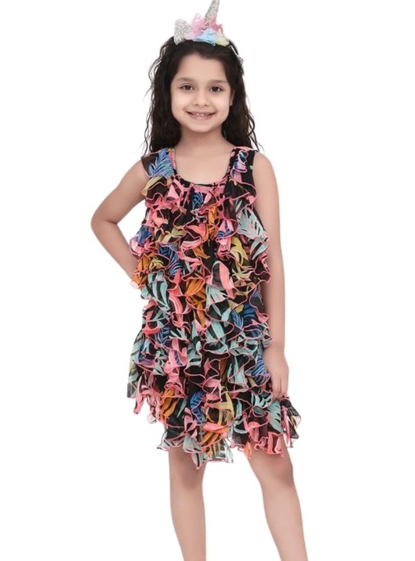 Girl's Chiffon Ruffled Sleeveless Dress (Black, 7-8-Yrs)-PID66025
