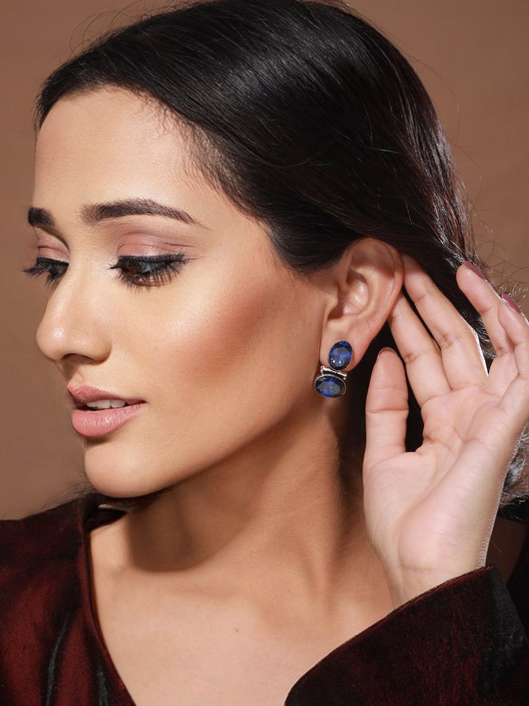 Oxidised Royal Blue AD Studded Statement Earrings