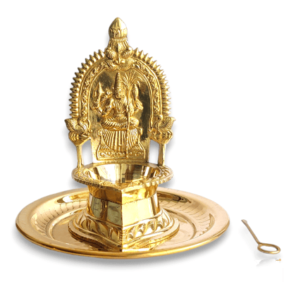 NAAYAGI - kamakshi VILAKKU brass made - 15.5 cm. High with an brass base plate and an Pin NAAYAGI - kamakshi VILAKKU brass made - 15.5 cm. High with an brass base plate and an Pin