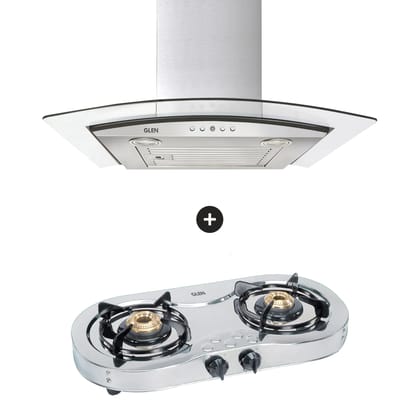 2 Burner Stainless Steel Gas Stove Brass Burner (CT1025SS) + Kitchen Chimney with Push Buttons 60cm 1000 m3h (CH6071EX60BFLTW)