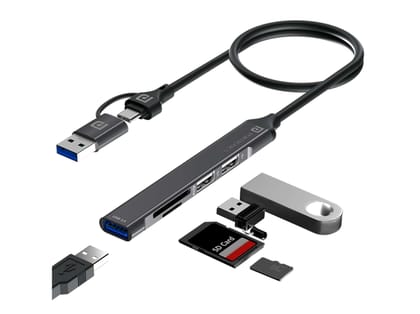 Portronics Mport 31 Plus USB 3.0 Hub Dock (5-in-1) with USB & Type-C Dual Plugs, upto 5 Gbps High Speed, USB 3.0, 2-Port USB 2.0 & SD/microSD Card Reader for Laptop, PC, Mac, Smartphone, Tablet (Grey)